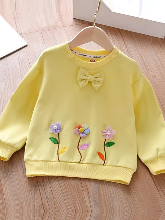 Girls' Flower & Bow Crew Neck Pullovers Soft Comfy Sweatshirt Tops