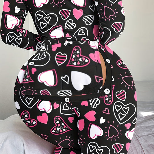 Heart Print Pajama Jumpsuit Long Sleeve V Neck Pajamas