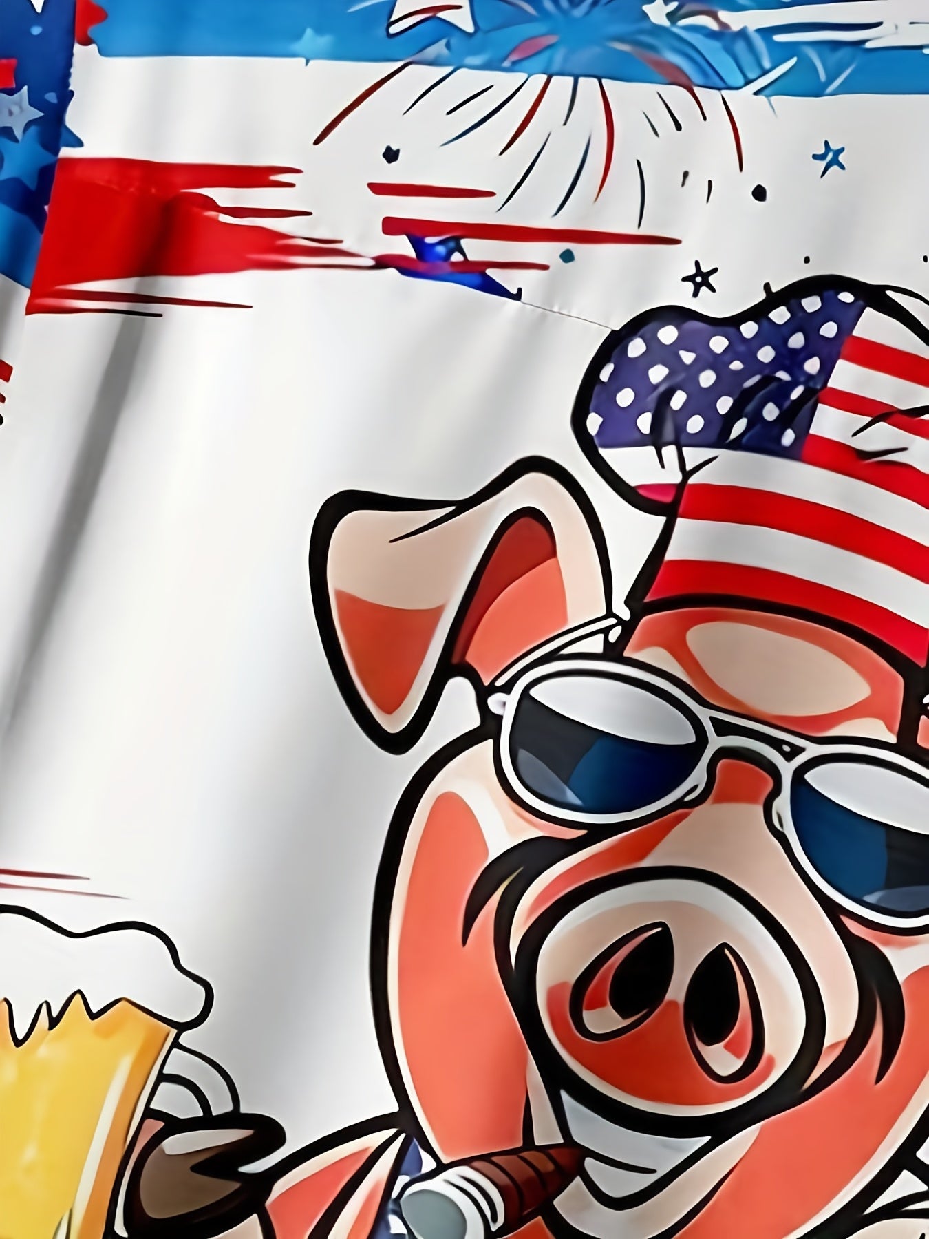 Funny Cartoon Pig Men's Short Sleeve Shirt with American Flag Print