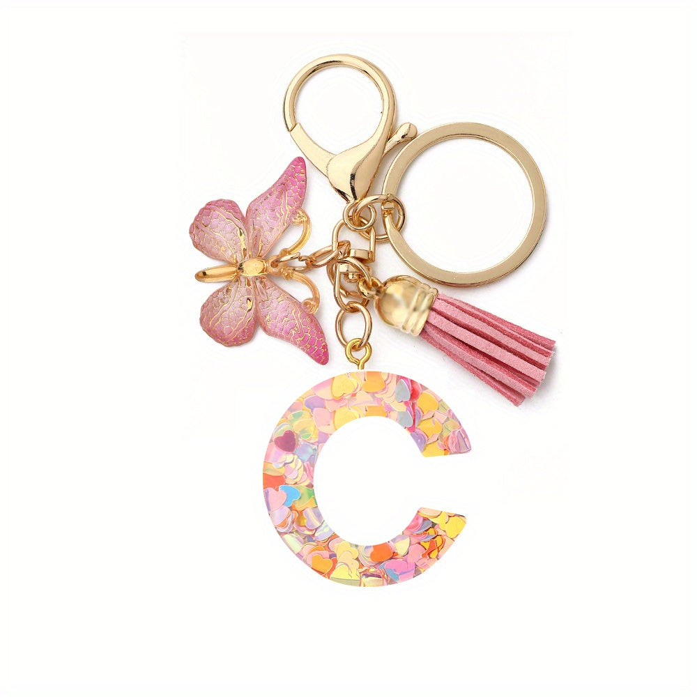 Initial Letter Keychain Tassel Butterfly Pendant Key Ring For Purse Handbags