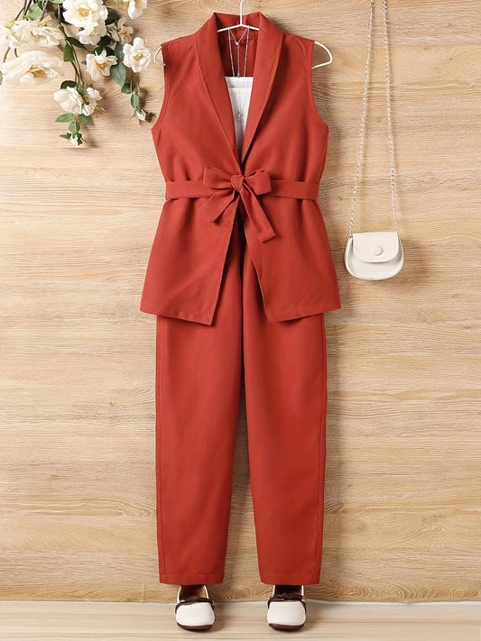 Girls 2pcs Vest With Belt & Elastic Waist Pants Set Solid Sleeveless Blazer