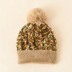 Sequins Pompom Decor Beanie Thick Warm Knit Hat Plush Coldproof Knit Beanie
