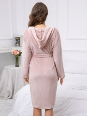 Cozy Fuzzy Hooded Night Robe Long Sleeve With Belt & Pockets