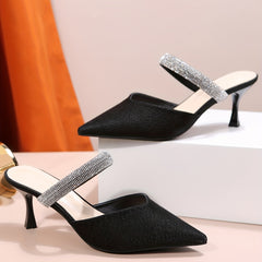 Rhinestone Decor Solid Sandals Point Toe Slip On Heels