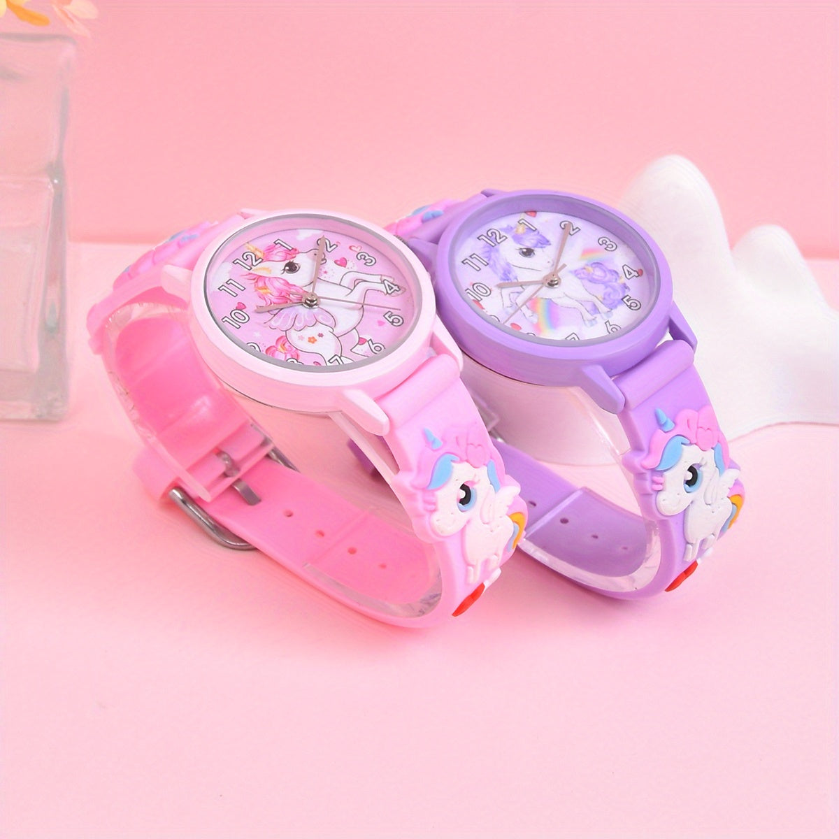 Girls' Unicorn Watch & Bracelet Set - Cute Animal Pattern Silicone Strap
