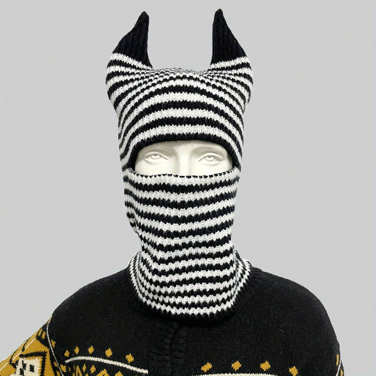 Unisex Halloween Striped Knit Hat With Horns For Warmth