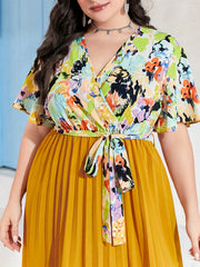  Print Butterfly Sleeve Maxi Dress With Belt