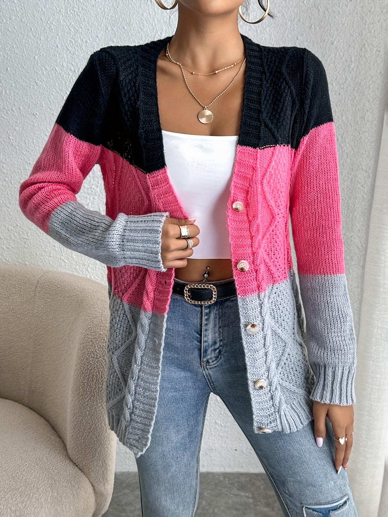 Casual Long Sleeve Cardigan For Spring & Fall Women's Clothing