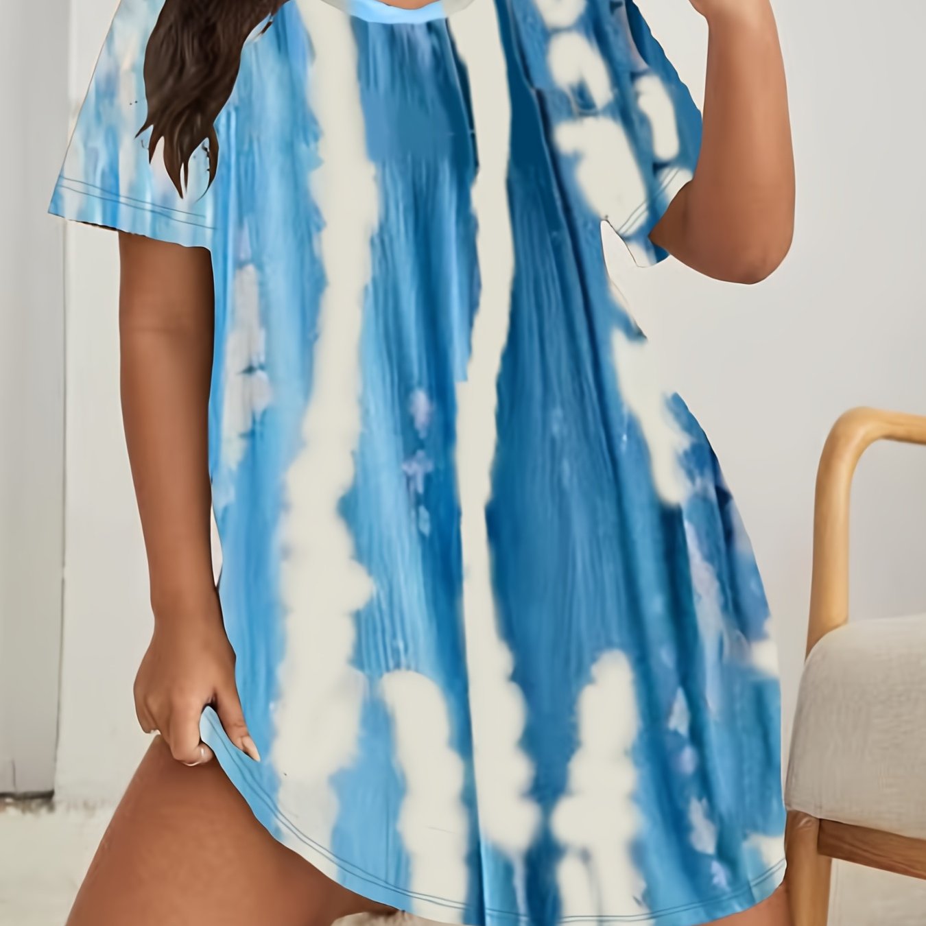  Tie Dye Print Lounge Dress Short Sleeve Round Neck Sleep Tee