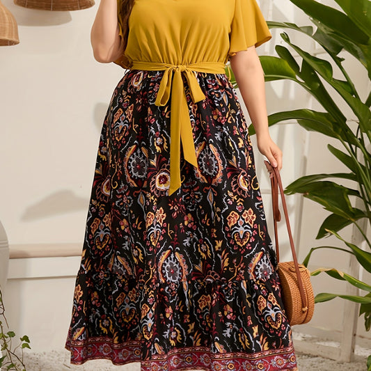  Colorblock Floral Print Knot Front Maxi Dress