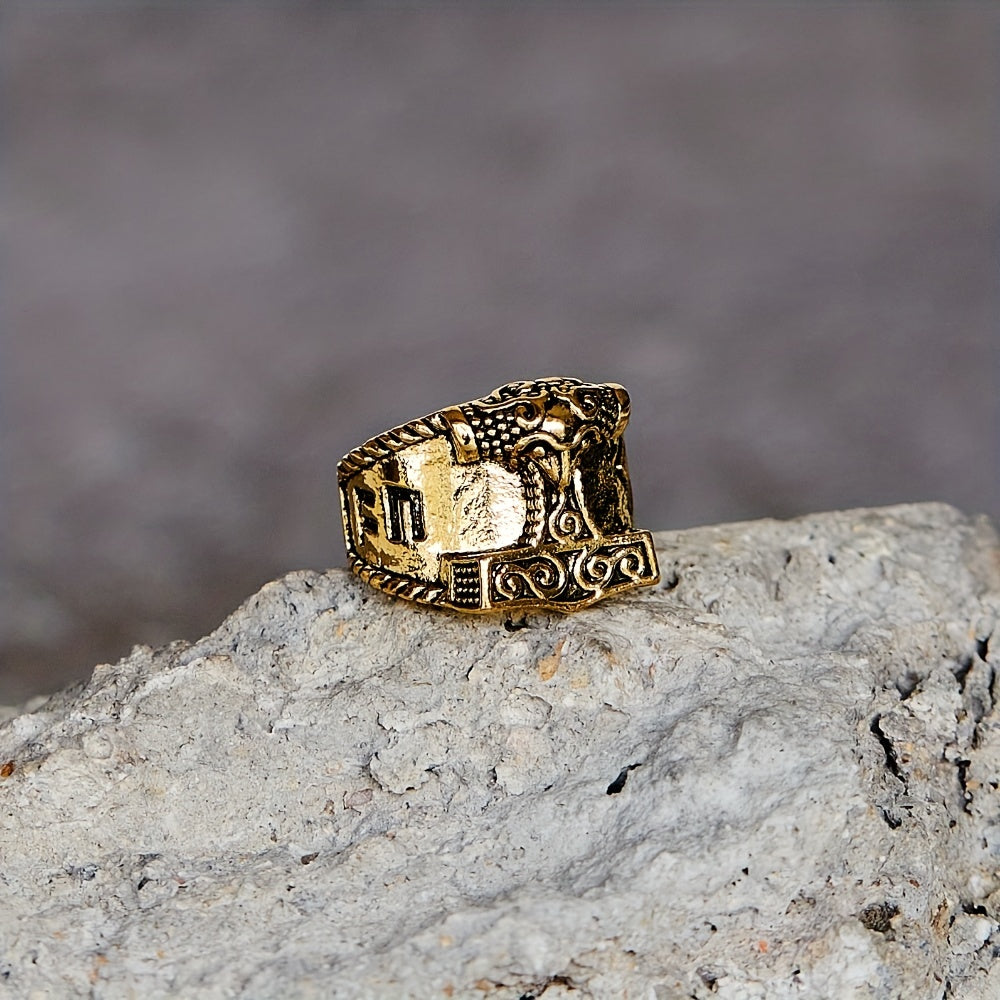 Thor's Hammer Ring Nordic Viking Good Luck Sign Verse Ring For Men