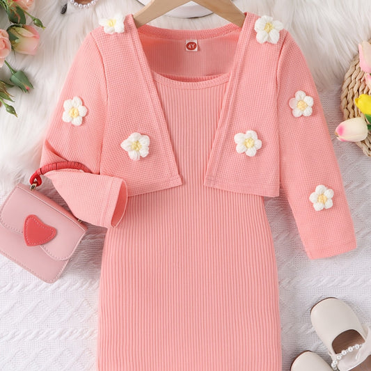 Toddler Girl's 2pcs Knitted Floral Cardigan & Ribbed Sundress Set