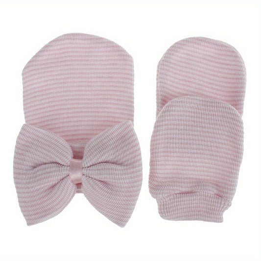 Big Bow Soft Gloves & Hat Set With Baby Pullover Hat