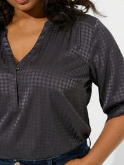  Women's Houndstooth Print Roll Up Long Sleeve Blouse