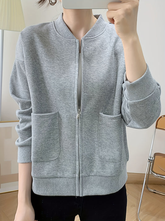 Baseball Neck Solid Jacket Casual Zipper Long Sleeve Outerwear