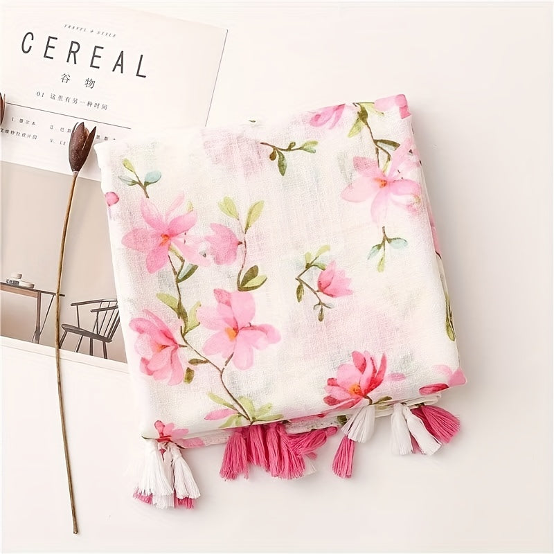 Pink Flower Print Scarf Gauze Tassel Shawl Casual Windproof Head Wrap