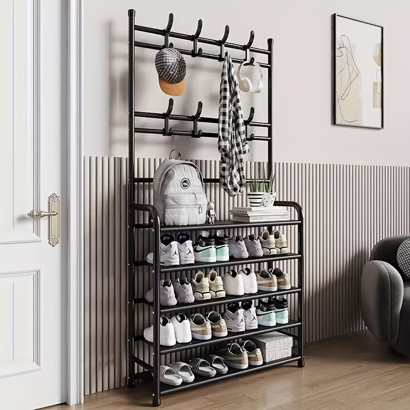 1pc Foyer Shoe Rack Standing Coat Rack w/ Storage Shelves & Hooks