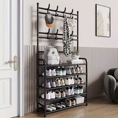 1pc Foyer Shoe Rack Standing Coat Rack w/ Storage Shelves & Hooks