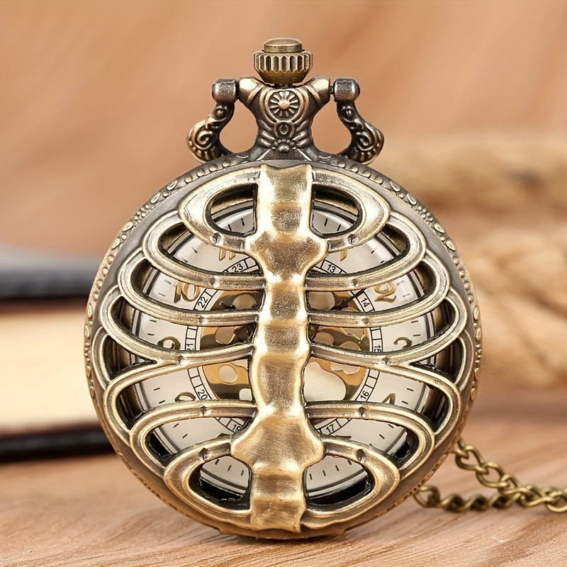 Vintage Hollow Skeleton Pocket Watch Large Dial Quartz Thin Chain Men
