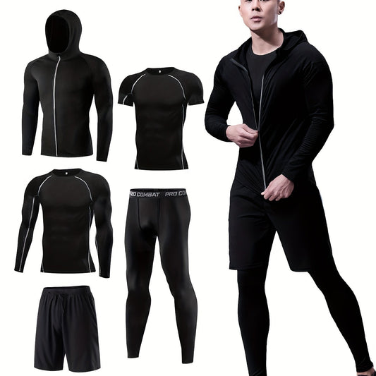 Men's Sports Set Zip Up Hoodie Jacket & Fitness T shirt Top & High Stretch Short