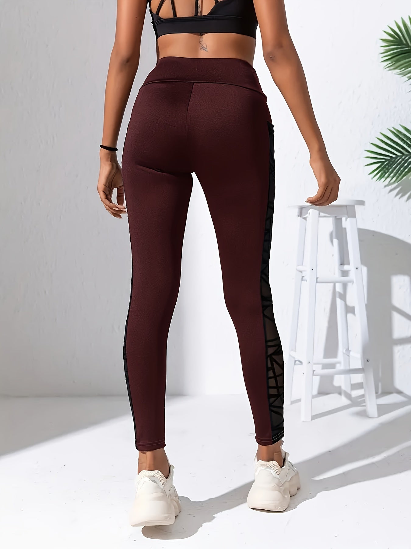 2pcs Mesh Insert Yoga Leggings With Pocket High Waist Sports Tight Pants