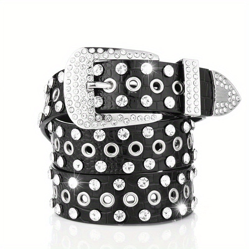 Punk Eyelet PU Belt Leopard Print Rhinestone Inlaid Hip Hop Cowboy Cowgirl Belts