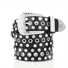 Punk Eyelet PU Belt Leopard Print Rhinestone Inlaid Hip Hop Cowboy Cowgirl Belts