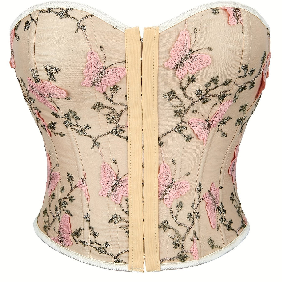 Butterfly Embroidery Strapless Corset Tummy Control Lace Up Push Up Body Shaper