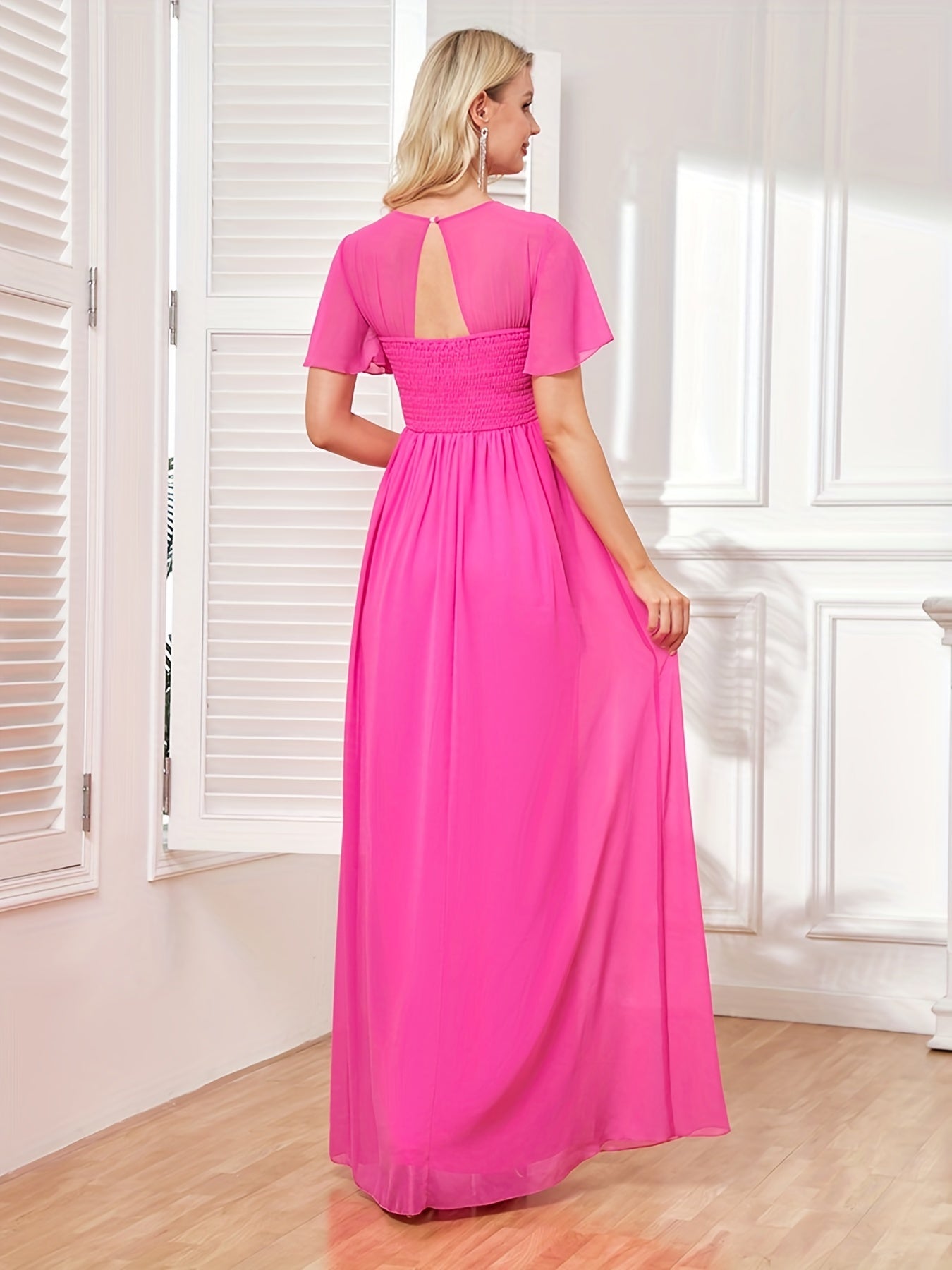 Solid V Neck Bridesmaid Dress Short Sleeve Maxi Wedding Party Dress