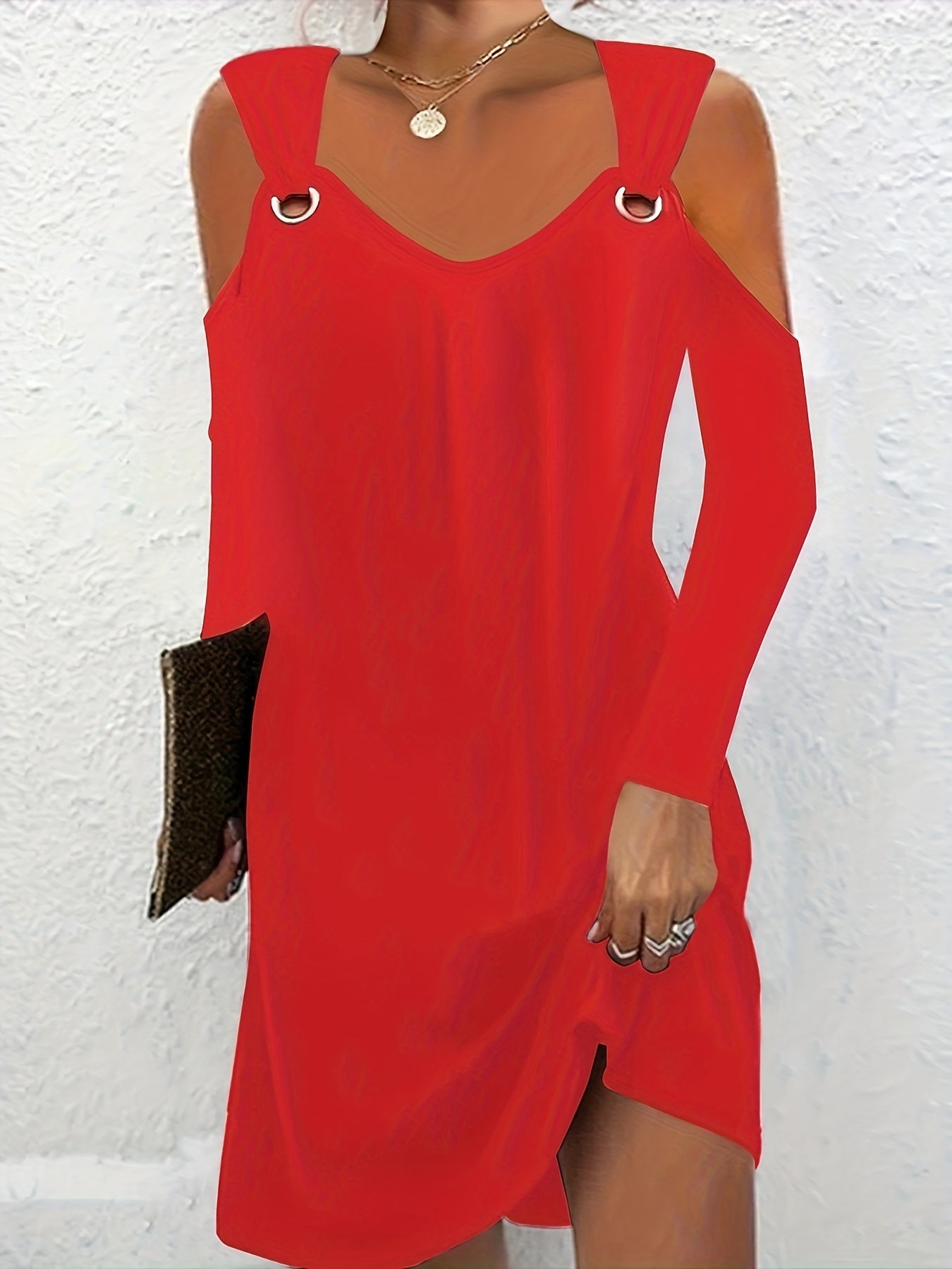  Casual Dress Women's Plus Solid Cold Shoulder Long Sleeve Mini Dress