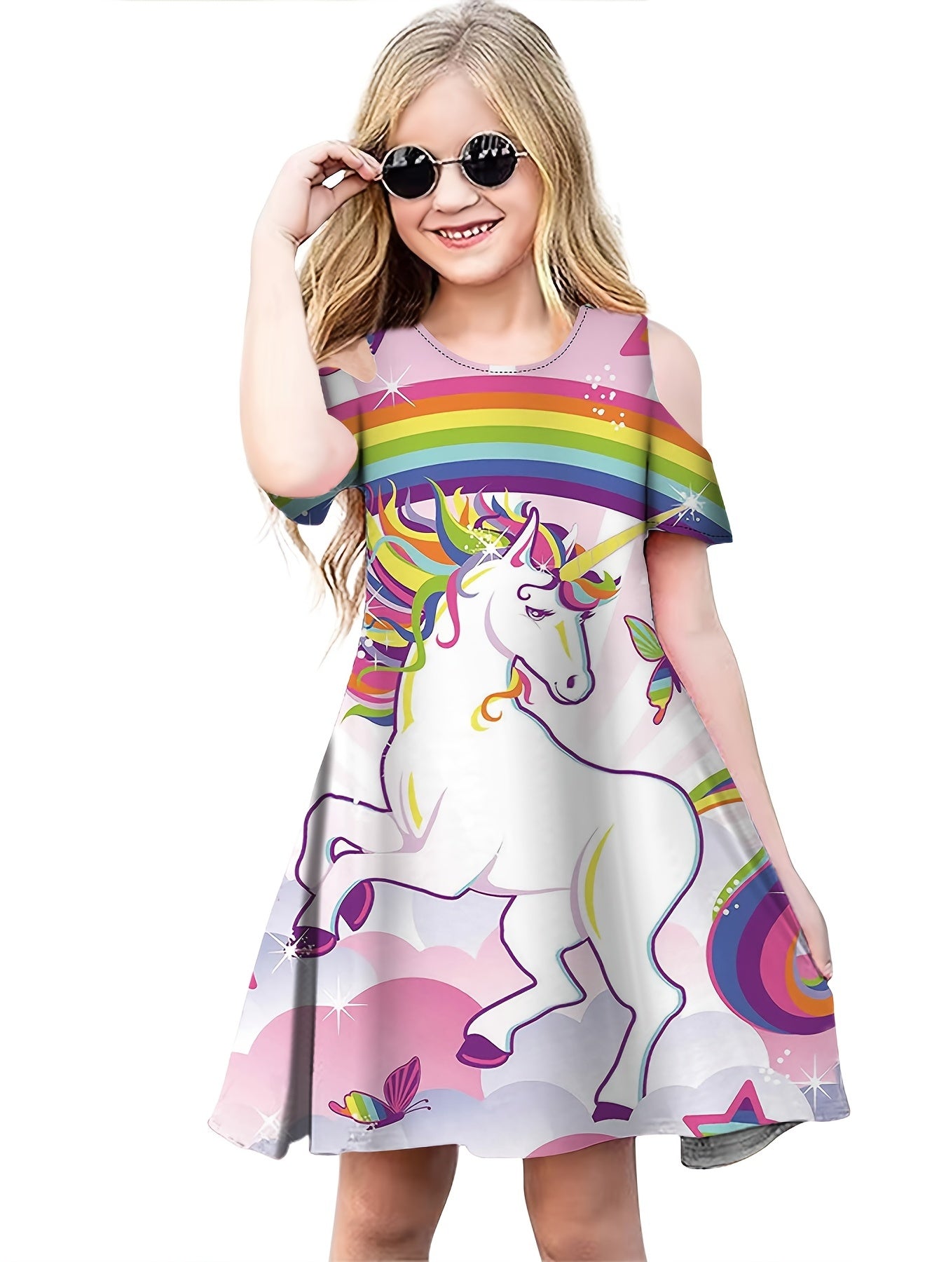 Girls 3D Print Off Shoulder Party Princess Dress