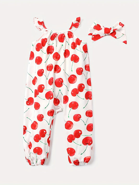2pcs Toddler Girls Cherry Graphic Ruffle Trim Rompers Jumpsuits & Headband Set