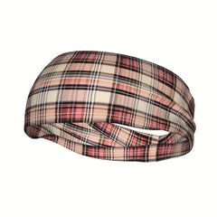 Vintage Plaid Headband Red Checkered Pattern Soft Elastic Fabric