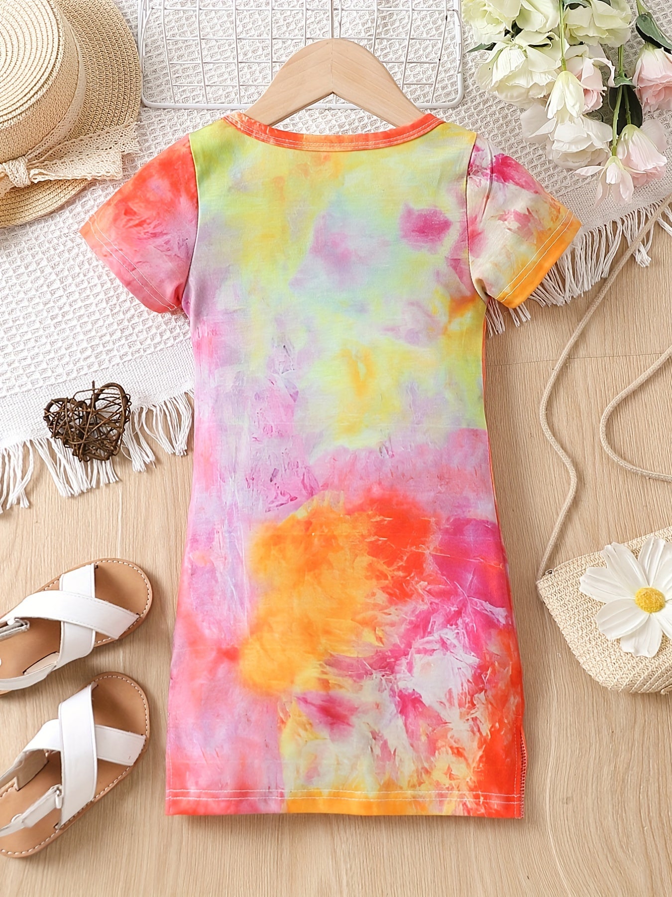 Girls Tie Dye Stretch Dress Short Sleeve Kids Summer Clothes