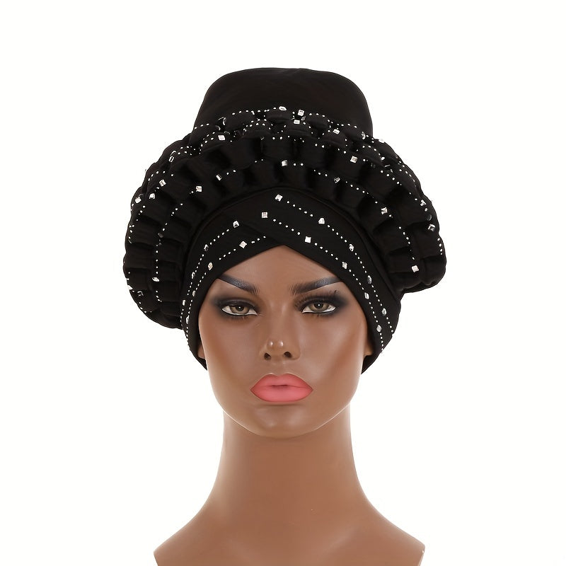 Rhinestone Decor Big Turban Cap Braided Elastic Head Wrap