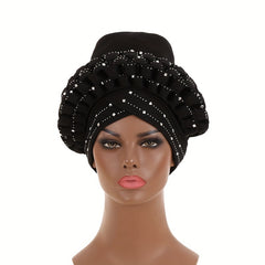 Rhinestone Decor Big Turban Cap Braided Elastic Head Wrap