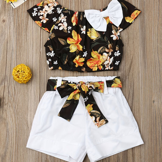 Baby Girls Floral Print Off Shoulder Top & Shorts Set