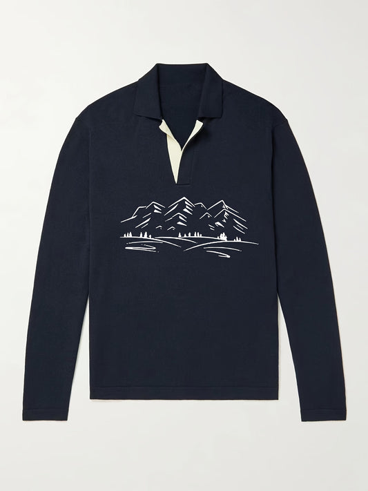 Mountain Pattern Knit Polo Shirt Men's Casual Lapel Stretch Pullover Sweater