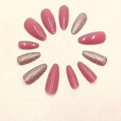 24pcs Pink Glitter Almond Press On Nails Medium Length Finish