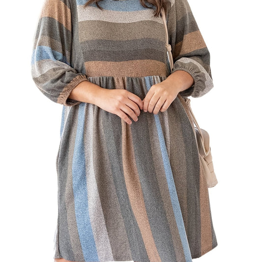  Colorblock Long Sleeve Smock Dress