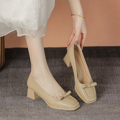 Chunky Mid Heel Square Toe Slip-On Shoes with Bow French Style Pumps