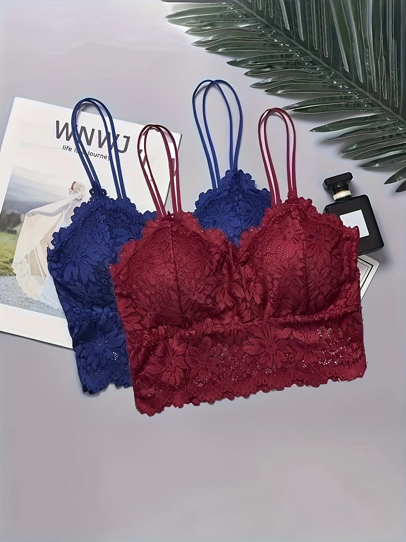 2pcs Lace Wireless Bras Scallop Trim Bralette Women's Lingerie
