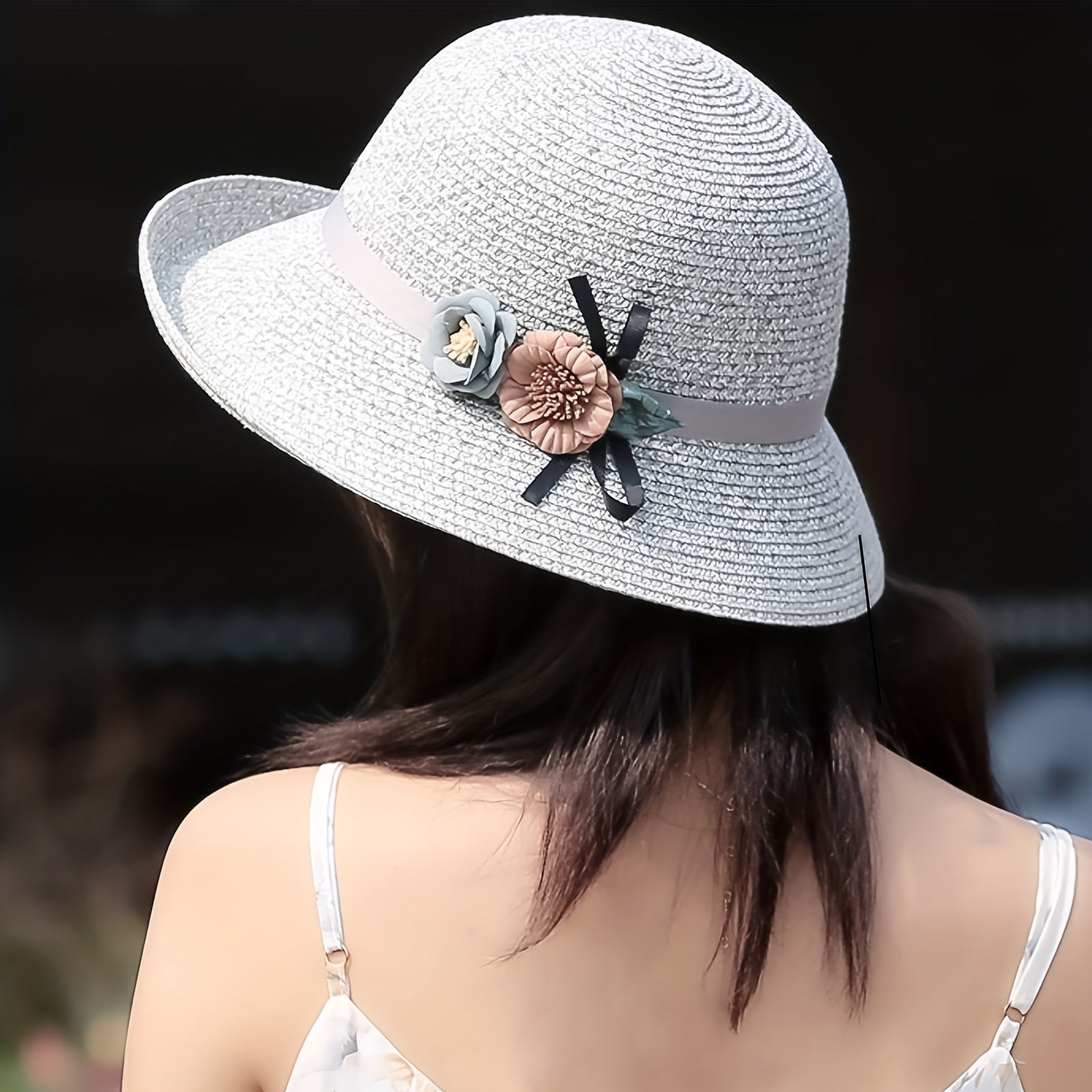 Flower Decor Straw Sun Hat UV Protection Bucket Hat for Women