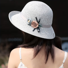 Flower Decor Straw Sun Hat UV Protection Bucket Hat for Women