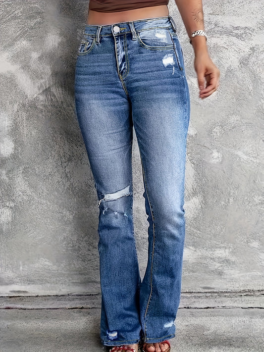  Ripped Button Fly Flared Leg High Stretch Washed Denim Pants