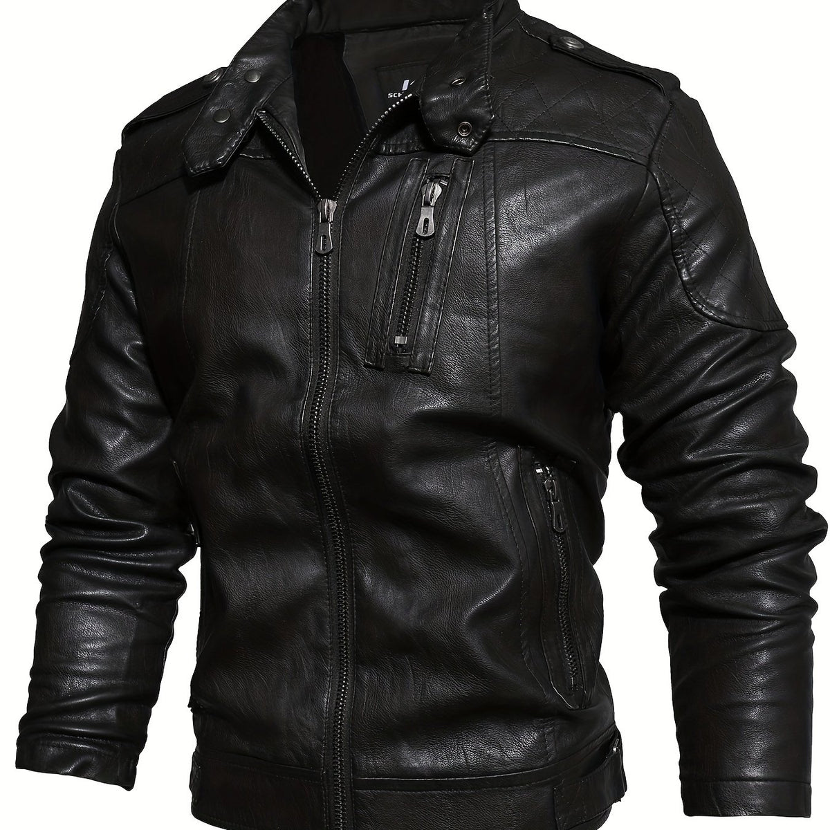 PU Biker Jacket Men's Casual Zipper Pockets Stand Collar Faux Leather Jacket