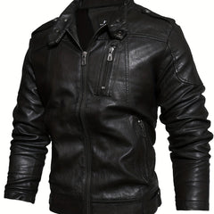 PU Biker Jacket Men's Casual Zipper Pockets Stand Collar Faux Leather Jacket