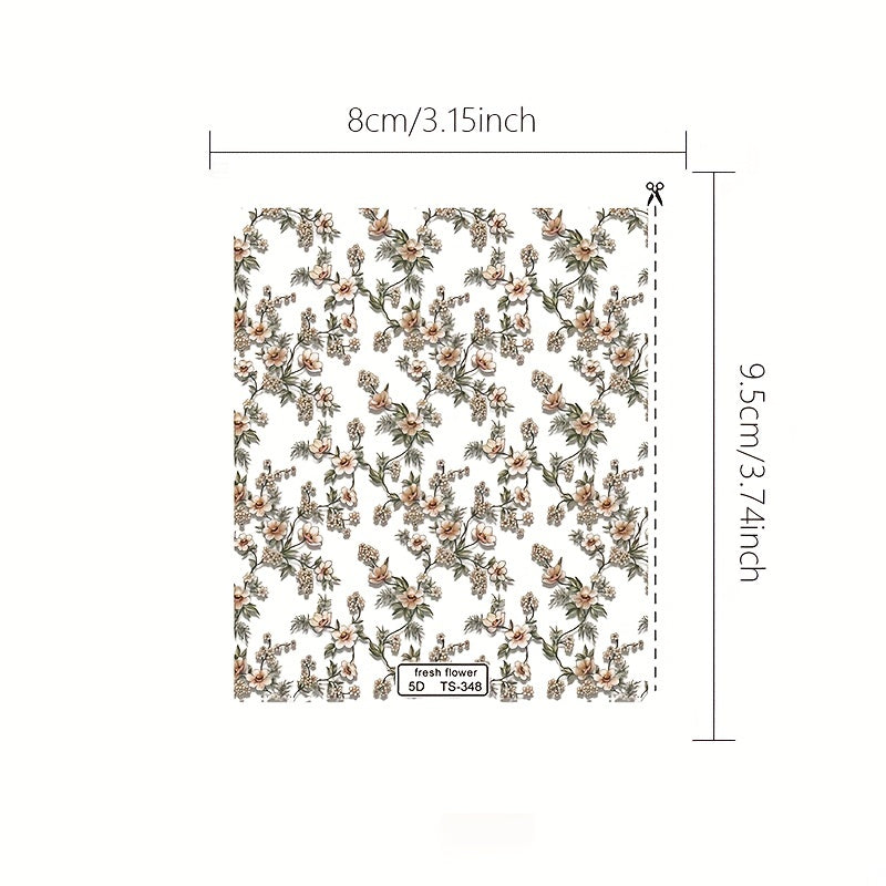 5D Floral Plant Embossed Nail Decals Self Adhesive Nail Stickers