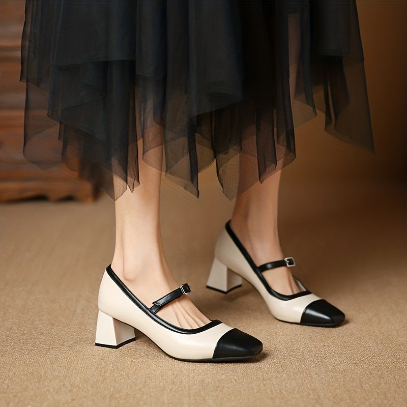 Colorblock Chunky Heels Square Toe Pumps Buckle Strap Dress Shoes
