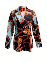  Women's Scarf Print Lapel Collar Blazer
